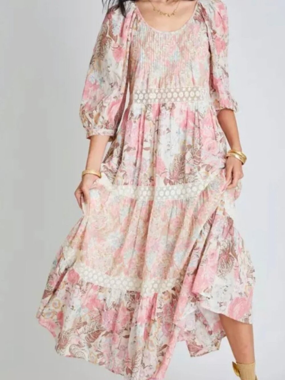 LoveShackFancy Rose and Cream Floral Tiered Maxi Dress - Picture 3 of 12